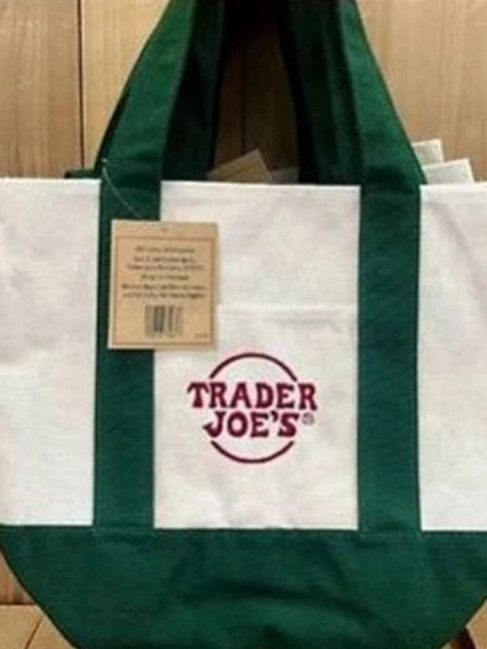 NWT Trader Joe's Mini Tote Bag Ivory with Green Straps & Bottom - Picture 3 of 3